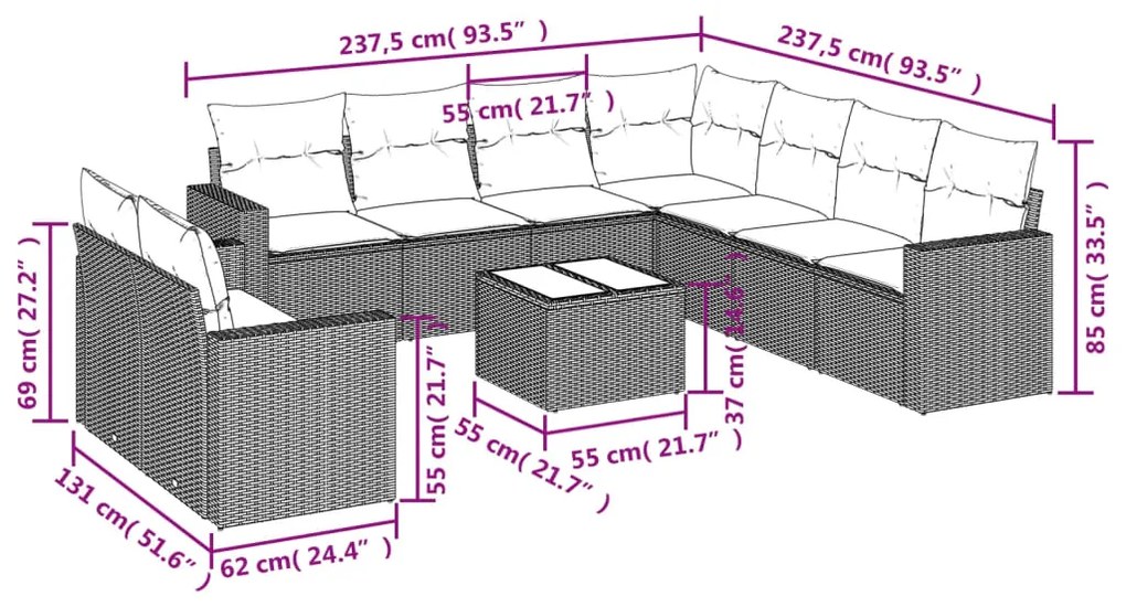 10 pcs conj. sofás jardim com almofadões vime PE cinzento-claro