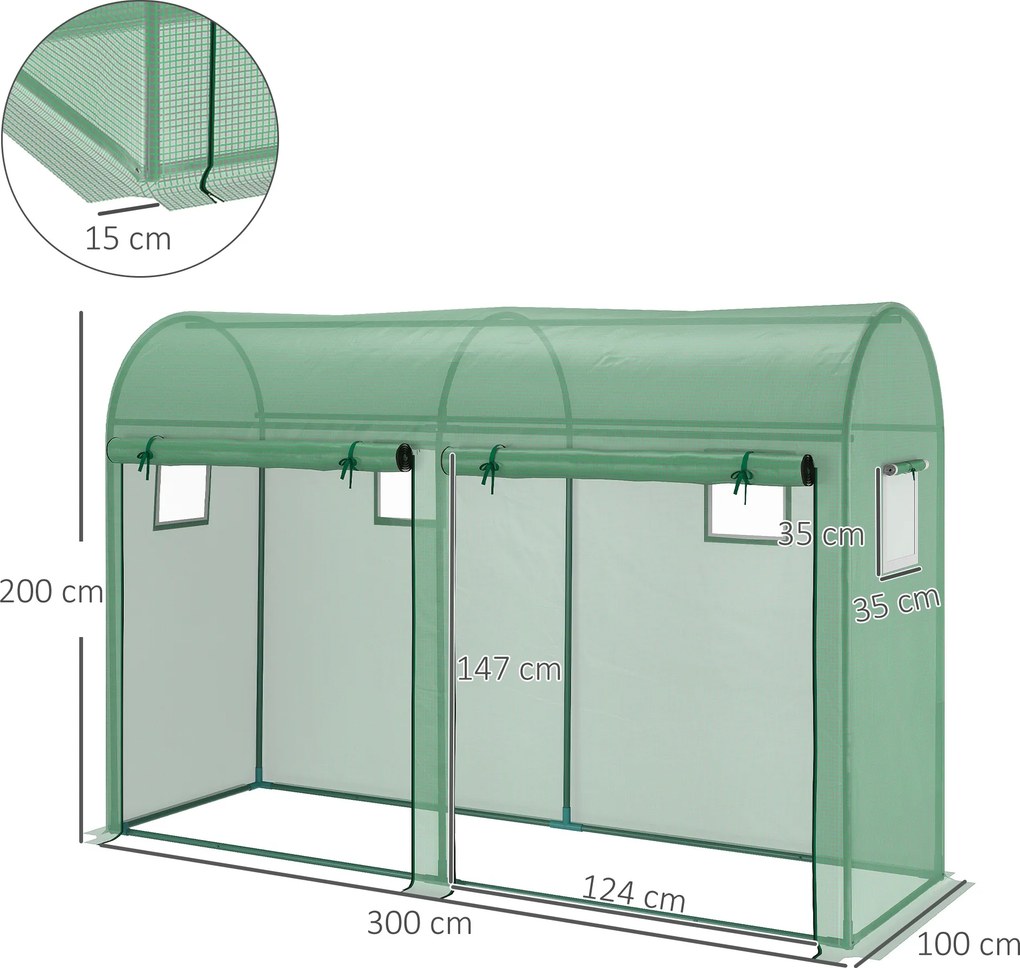 Estufa Jardim Tipo Túnel com 4 janelas e 2 portas para Plantas de PE de aço 300x100x200 cm Verde