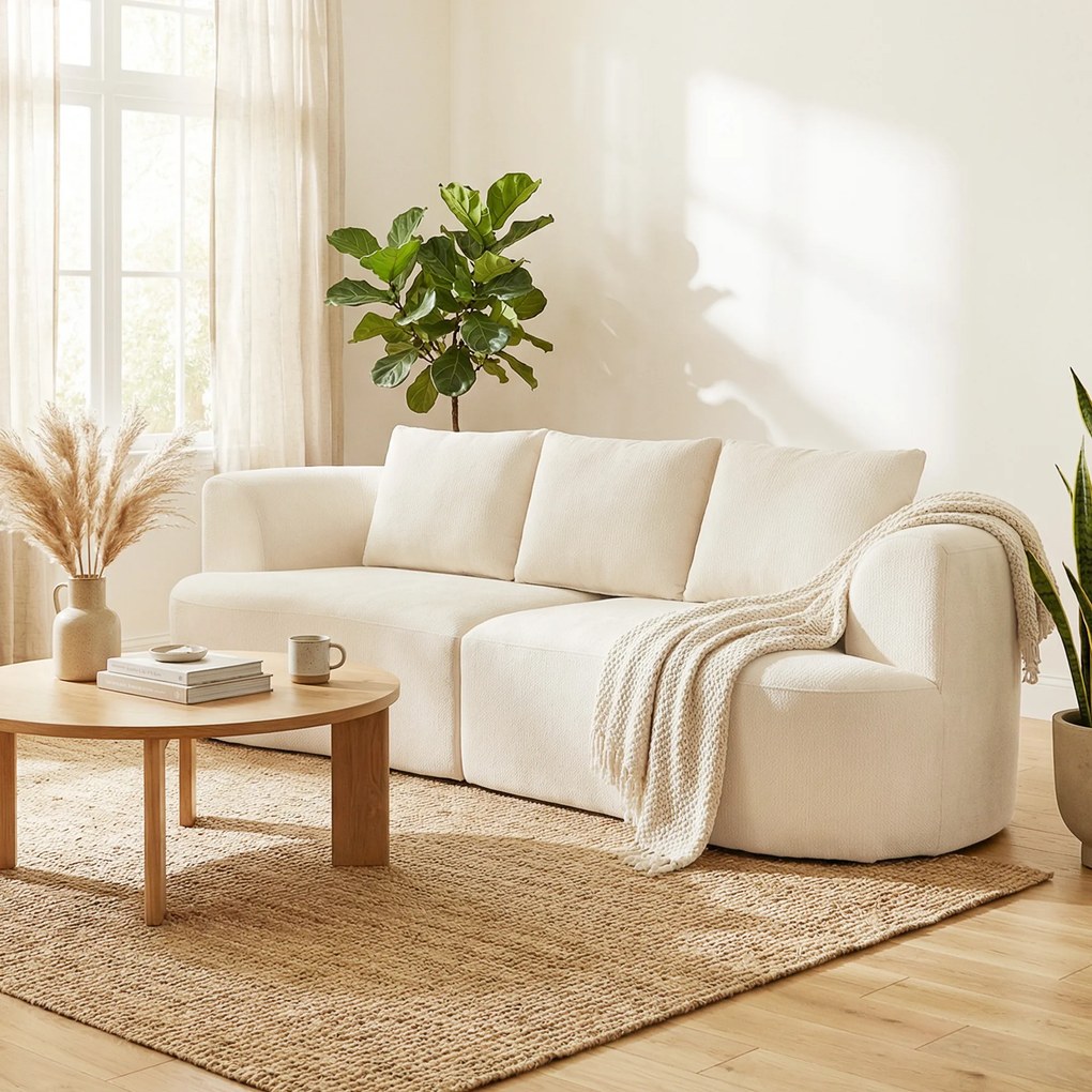 Sofá de 3 Lugares, 260 x 106 x 82 cm, Assento Largo, Creme