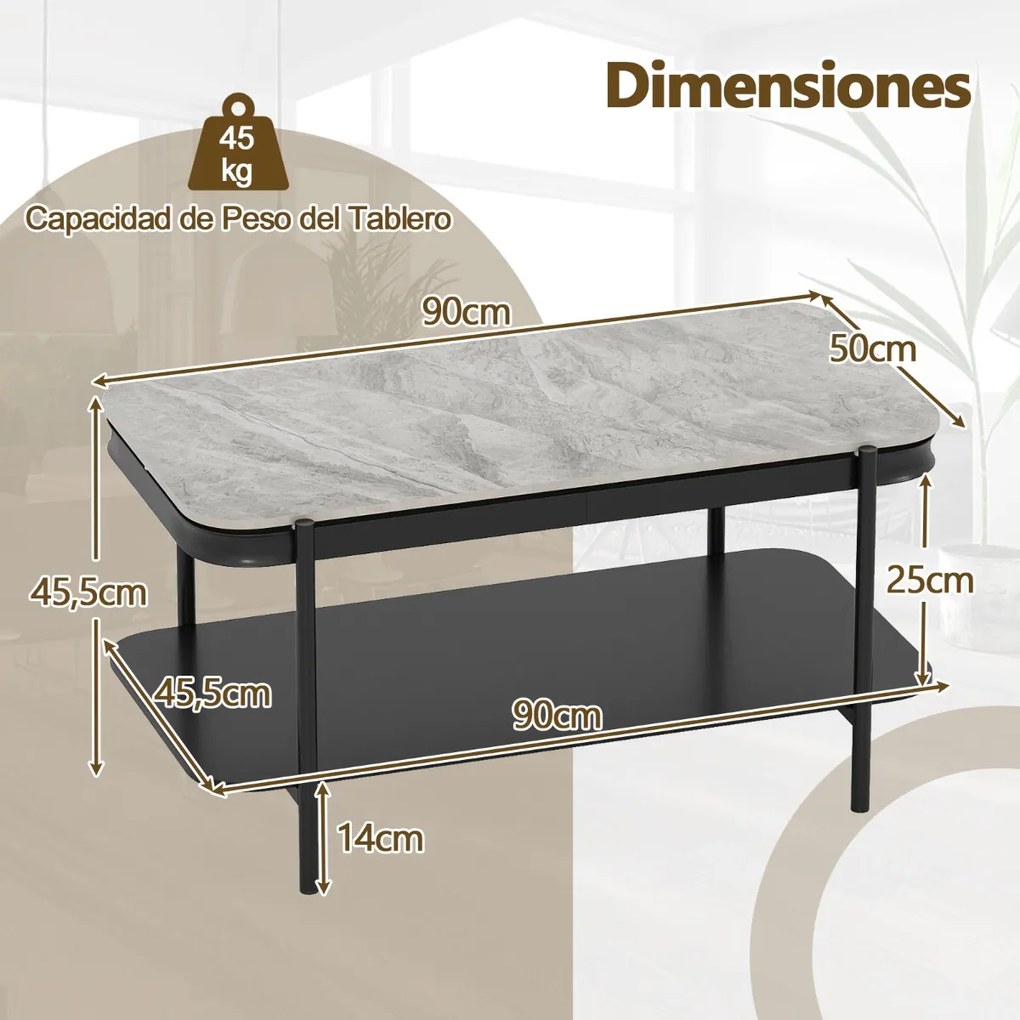 Mesa de centro Moderna Retangular 90 x 50 x 45,5 cm de 2 Níveis com Tampo Sinterizado e Estrutura Metálica Cinza