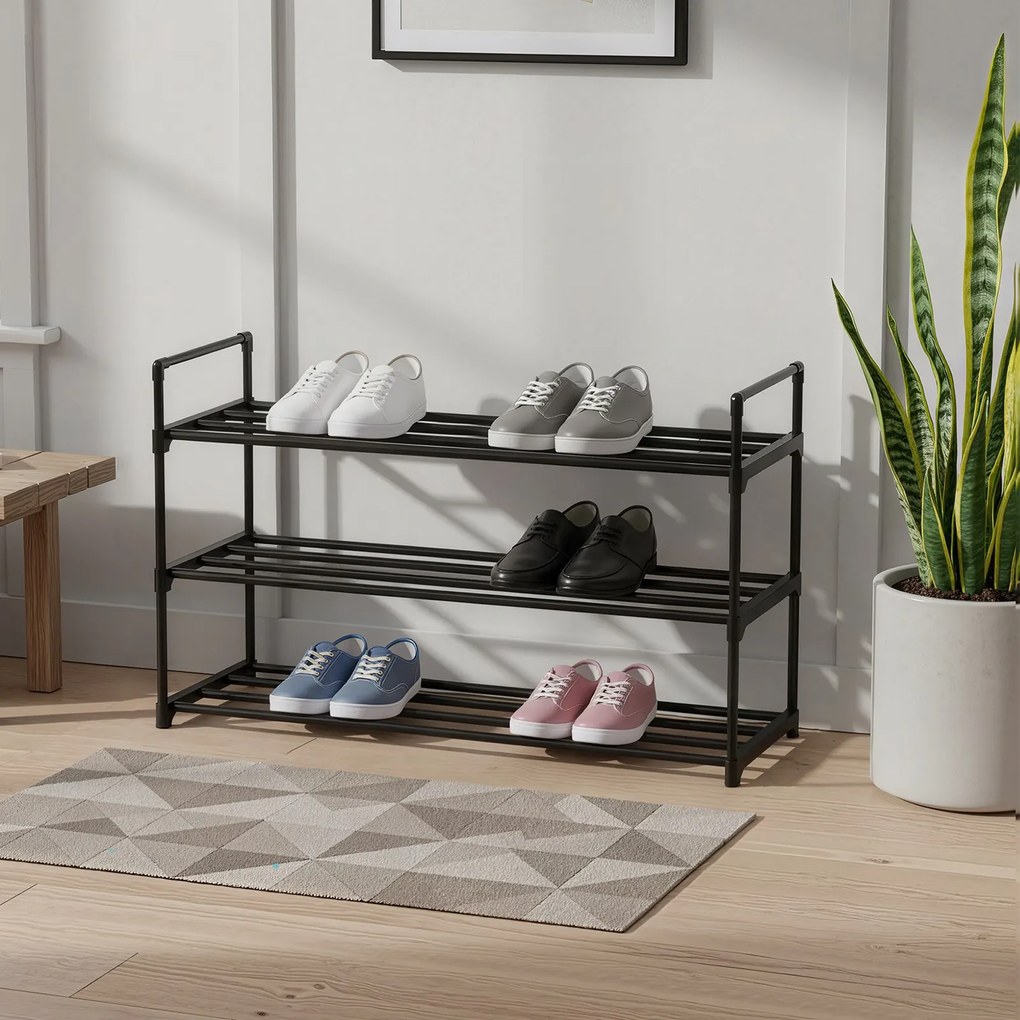 Sapateira com 3 níveis para 12-15 pares de sapatos 30 x 92 x 54 cm, metal e plástico preto