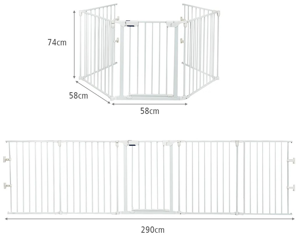 Cerca Barreira de Segurança Portão Metálico 5 em 1 Ajustável para Crianças com Porta para Lareira Animais 58 x 74 cm Branco