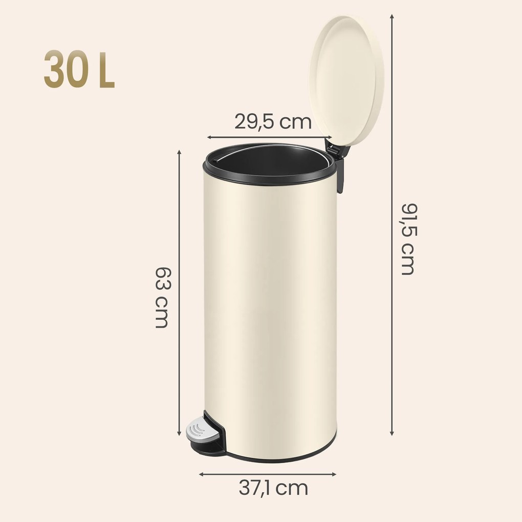 Caixote do lixo de cozinha 30 L, 29,5 x 37,1 x 63 cm com pedal e tampa com fecho suave, balde interior e 15 sacos de lixo, Bege