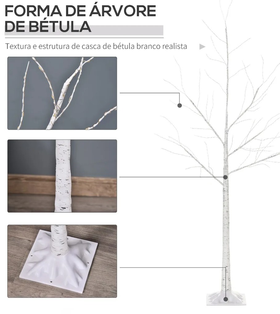 Árvore de Bétula 150cm de Altura com 210 Luzes LED em Branco Quente Ramos Flexíveis e Base para Decoração de Festas Aniversários Casamentos 20x20x150c