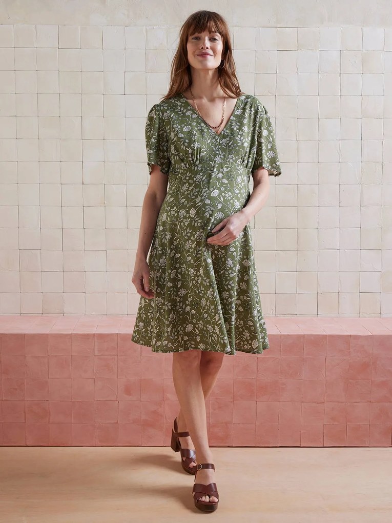 Vestido curto e fluido com estampado, para grávida azeitona