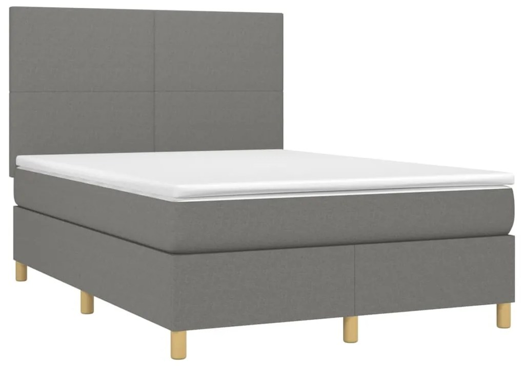 Cama box spring c/ colchão e LED 140x190 cm tecido cinza-escuro