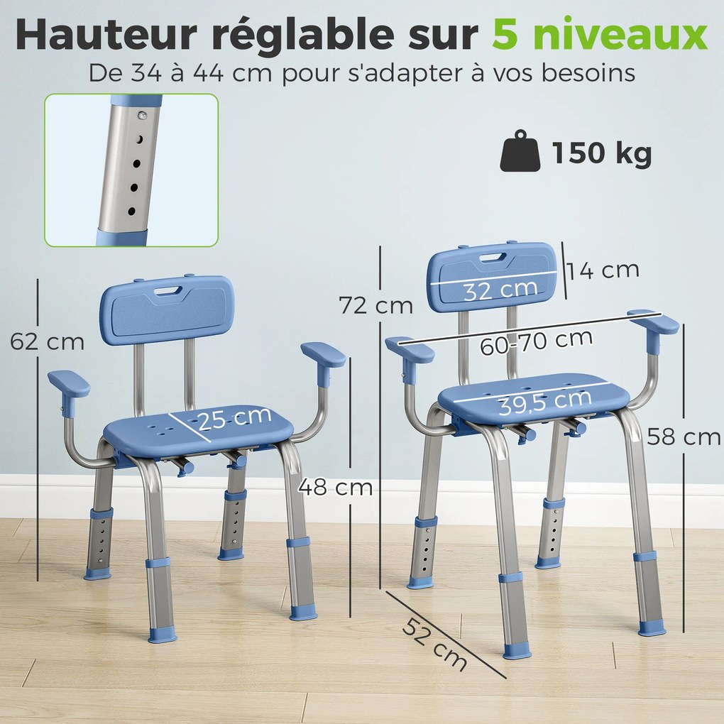 Banco de duche ergonómico com apoios de braços 60-70 (L) x 52 (P) x 62-72 (A) cm, encosto, altura e assento ajustáveis, azul
