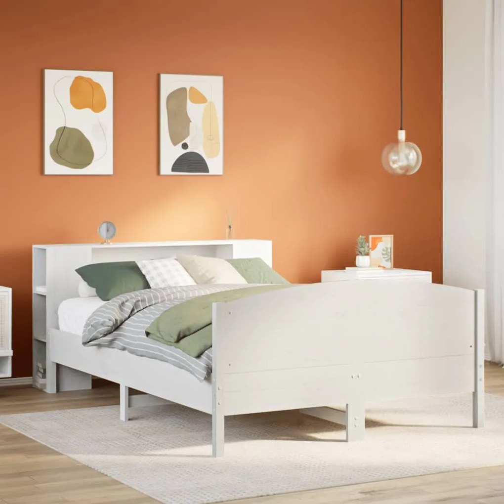 Cama com estante sem colchão 140x190 cm pinho maciço branco