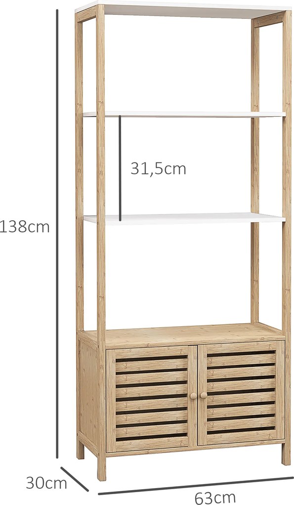 Armário de casa de banho de arrumação em bambu 63 x 30 x 138 cm, 3 prateleiras, madeira natural e branca