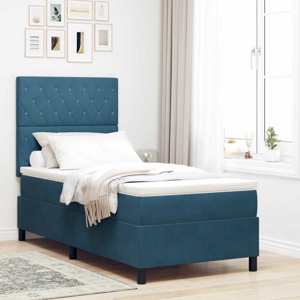 Cama Box com Colchão vidaXL Azul Escuro 90x200 cm Veludo