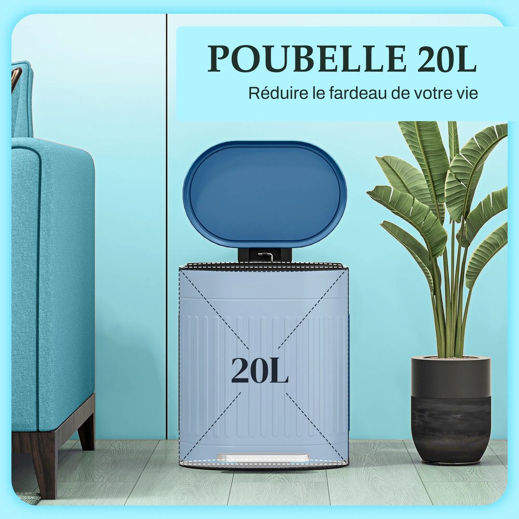 Caixote do lixo de cozinha com pedal, 20 L, tampa com fecho suave, balde interior removível, 36,5 x 31,2 x 45 cm, azul