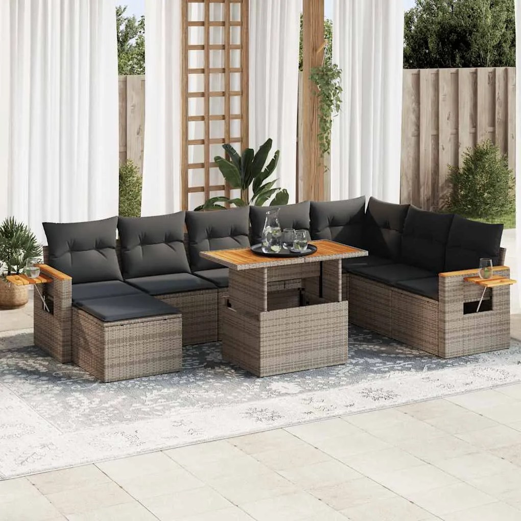 9 pcs conjunto sofás jardim almofadões vime PE/acácia cinzento
