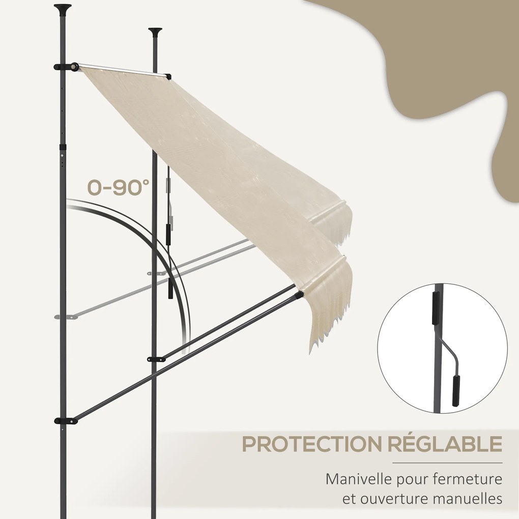 Toldo retrátil manual autoportante, 2,5 m (L) x 1,2 m (P) x 2,1–3 m (A), inclinação ajustável, metal, alumínio, poliéster, cor areia