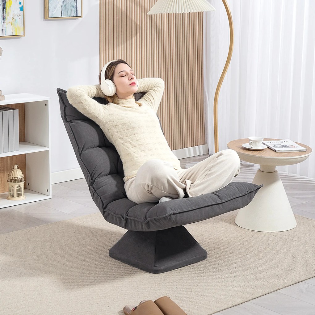 Poltrona relax estofada, com encosto reclinável e ajustável, giratória a 360°, revestimento em linho cinzento mesclado
