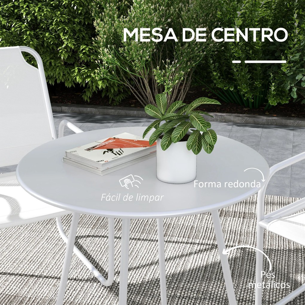 Conjunto de Móveis de Jardim com 1 Mesa Redonda e 2 Cadeiras Estrutura de Aço e Apoio para os Braços Branco