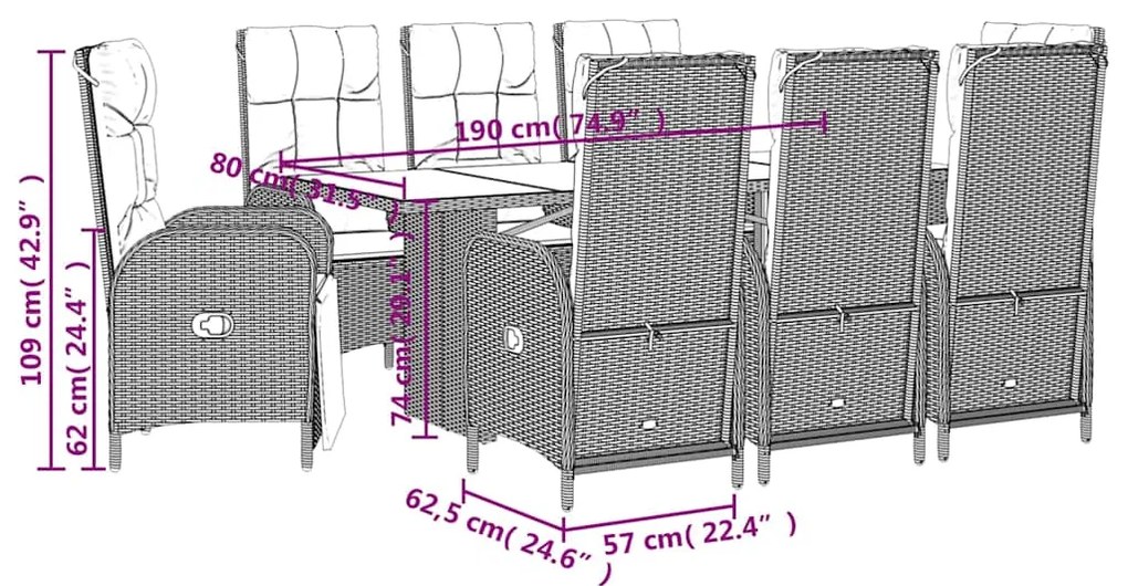 9 pcs conjunto de jantar p/ jardim c/ almofadões vime PE cinza