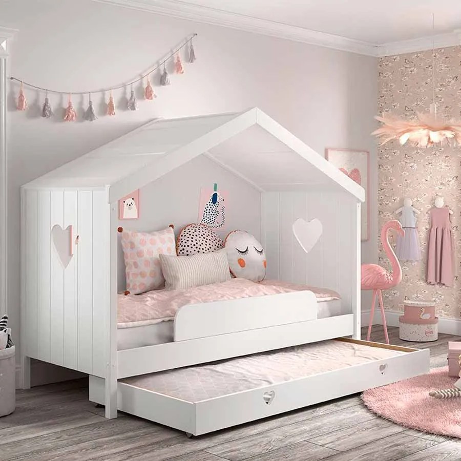 Cama infantil Coleção AMORI House 90x200cm + Estrado + Gaveta inferior + Grade segurança Branca