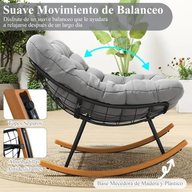 Cadeira de baloiço Jardim para 2 pessoas de metal para exterior de 320 kg com almofada grossa tipo ovo cinza