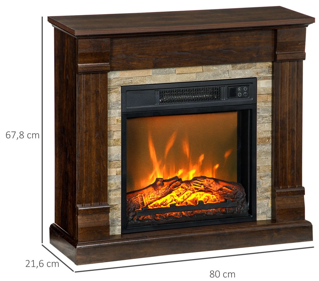 HOMCOM Lareira Elétrica 1800W Lareira com Efeito de Chama Realista Controlo Remoto Temporizador e Proteção Contra Superaquecimento para Ambientes de 30 m² 80x21,6x67,8 cm Marrom