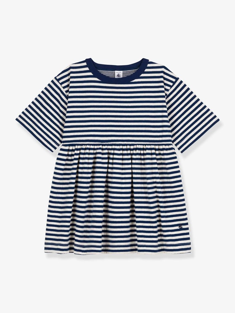 Vestido às riscas, mangas 3/4, para criança, em algodão, da Petit Bateau azul