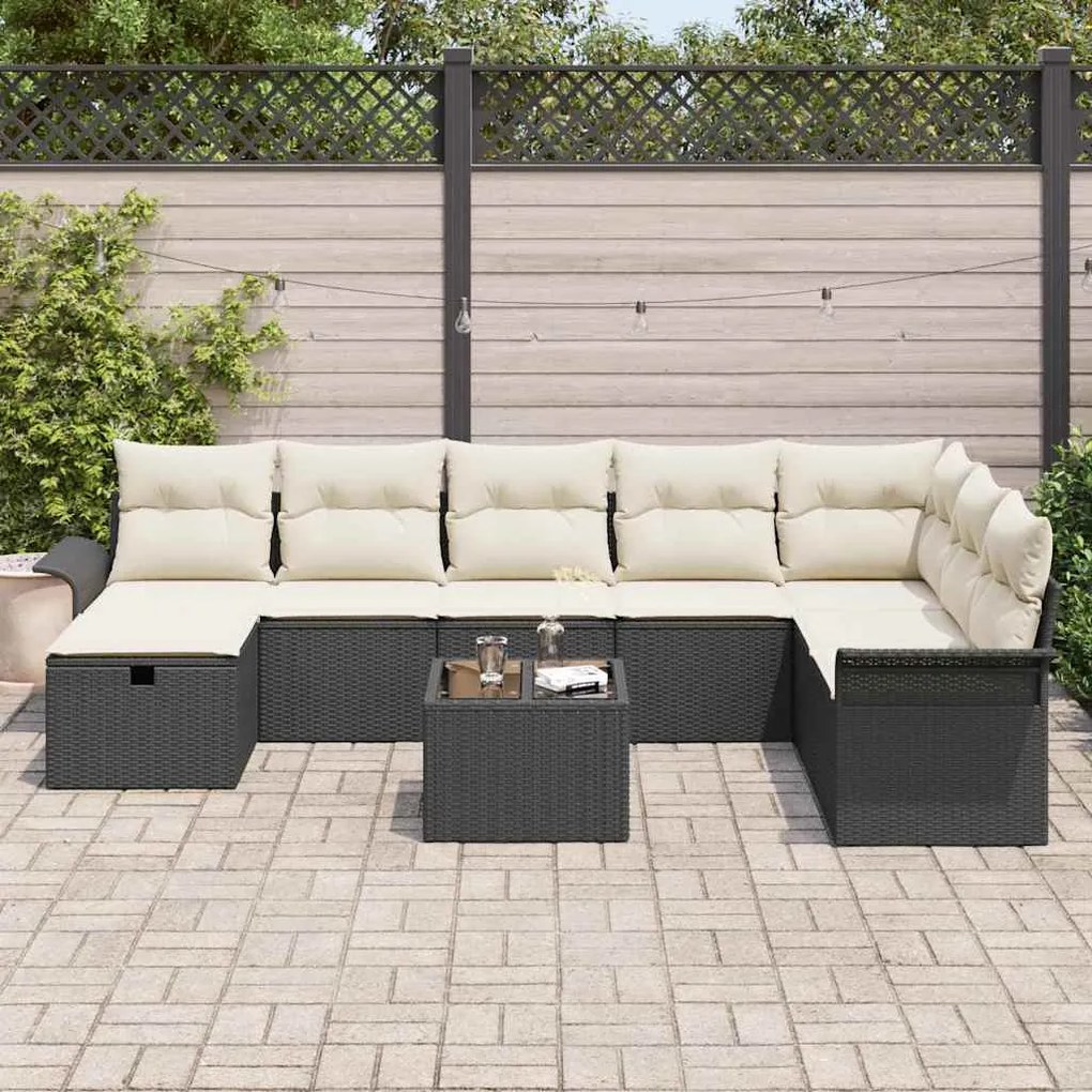 Conjunto de Sofás de Jardim 9 Peças com Almofadas Preto Rattan Poli
