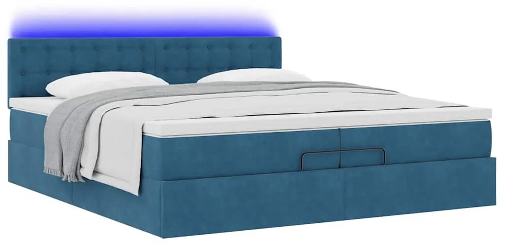 Cama otomana com colchões/LEDs 200x200 cm veludo azul-escuro