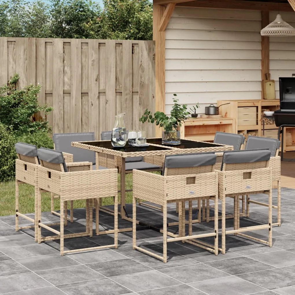 vidaXL 9 pcs conj. jantar jardim c/ almofadões vime PE bege misturado