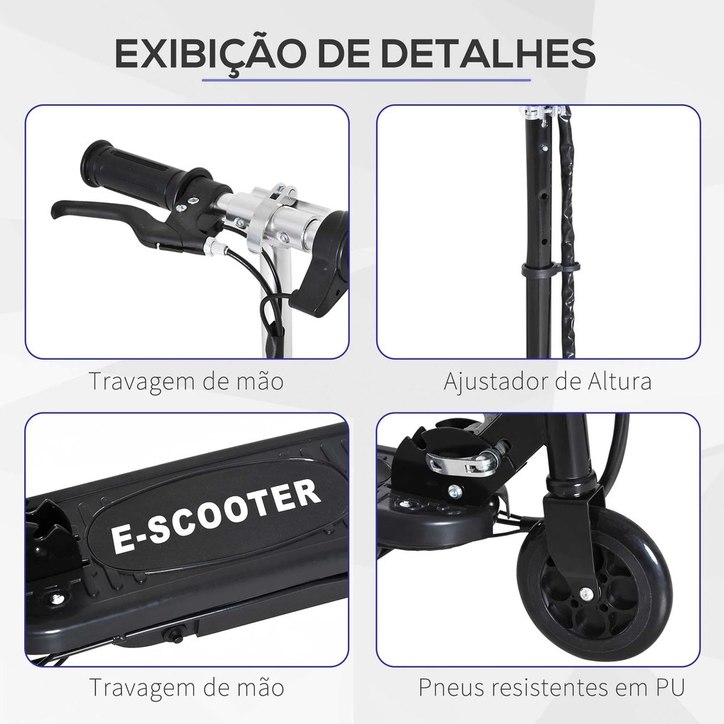 Trotinete Elétrica para Crianças + 7 Anos trotinete Dobrável com Altura Ajustável 24V Bateria Recarregável Velocidade até 12 km/h e Carga 50 kg 74x36x