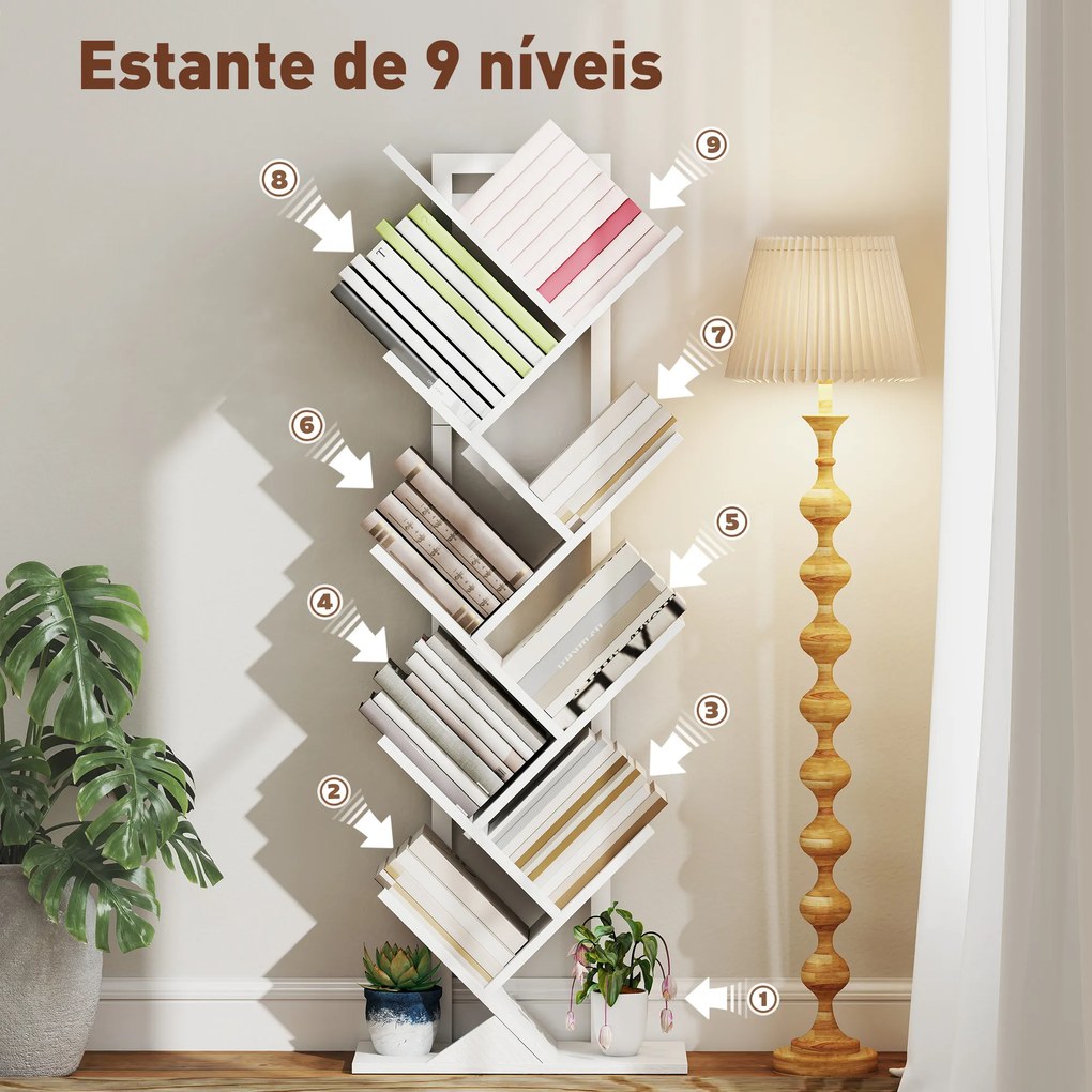 Estante em Forma de Árvore de 9 Níveis Estante de Livros com 9 Prateleiras e Estrutura de Aço 50x24x136 cm Branco