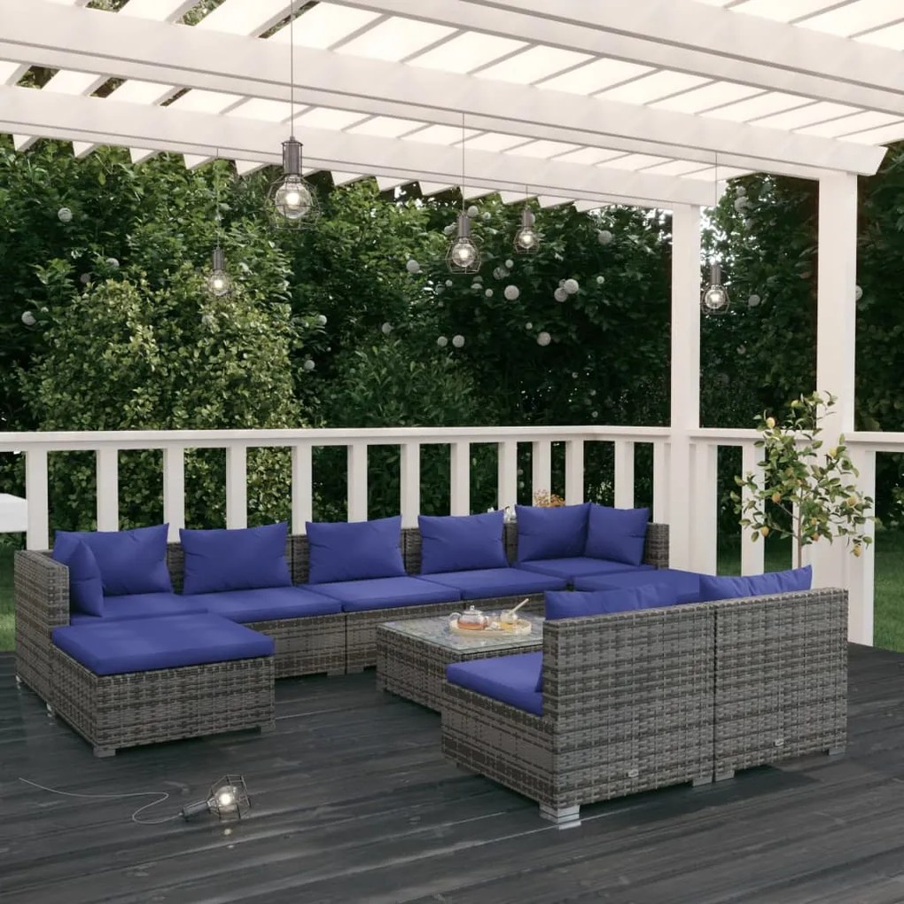 vidaXL 10 pcs conjunto lounge de jardim c/ almofadões vime PE cinzento