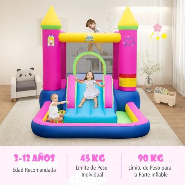 Castelo insuflável de princesa (SEM VENTILADOR) com escorrega Piscina 363 x 202 x 205 cm com aro de basquetebol Saco de transporte para crianças Mult
