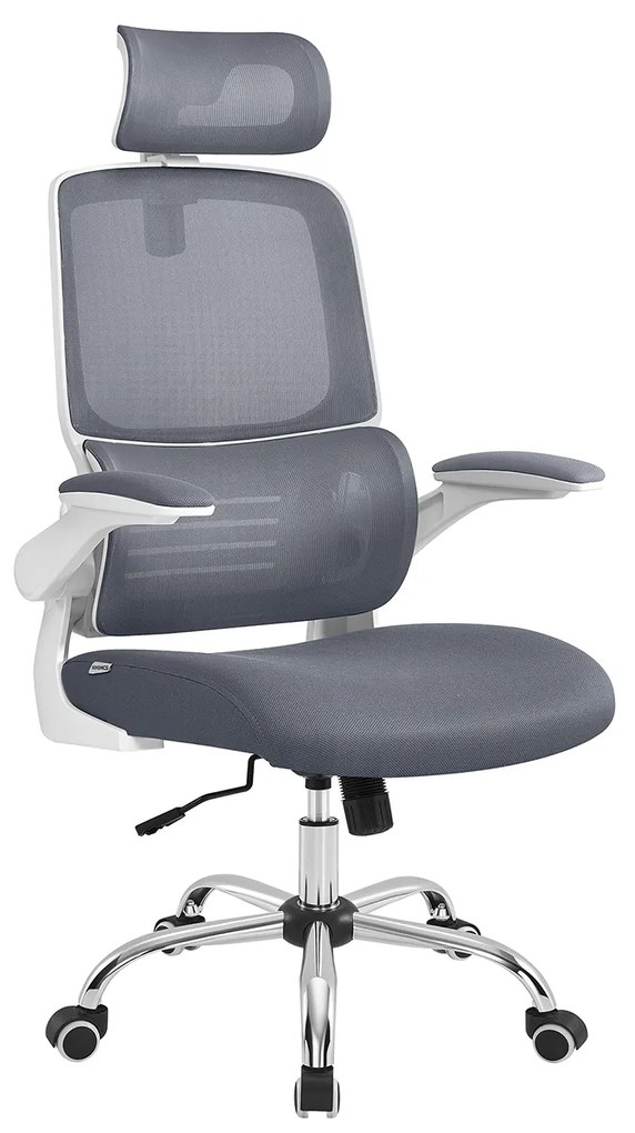 Cadeira de escritório SONGMICS, cadeira de mesa, ergonômica, braços dobráveis, encosto alto, cadeira de malha com apoio lombar e apoio de cabeça ajustável, função de balanço, cinza-pomba OBN040G01
