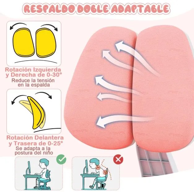 Cadeira de de escritório para crianças com encosto duplo ajustável, apoio para os pés, altura e profundidade do assento ajustáveis, rosa