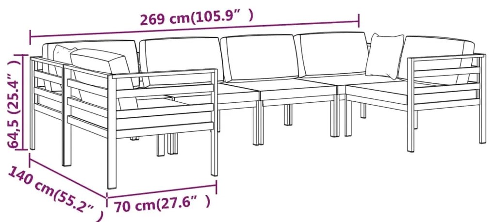 6 pcs conjunto lounge jardim com almofadões alumínio antracite
