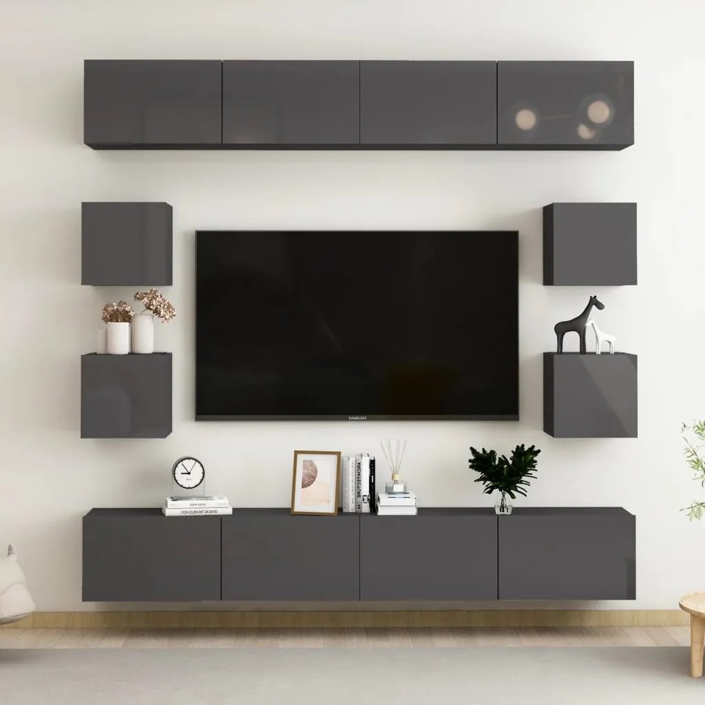vidaXL 8 pcs conjunto de móveis de TV contraplacado cinzento brilhante