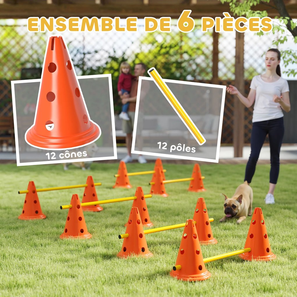 Conjunto de agilidade para cães de 6 peças, pista de obstáculos com altura ajustável e saco de transporte, laranja