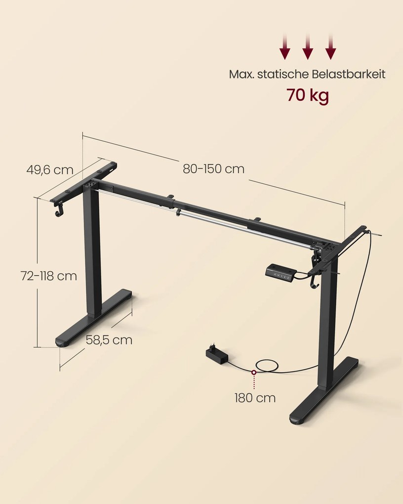 Estrutura para Secretária eléctrica regulável em altura sem tampo de mesa 58,5 x (80-150) x (72-118) cm Preta