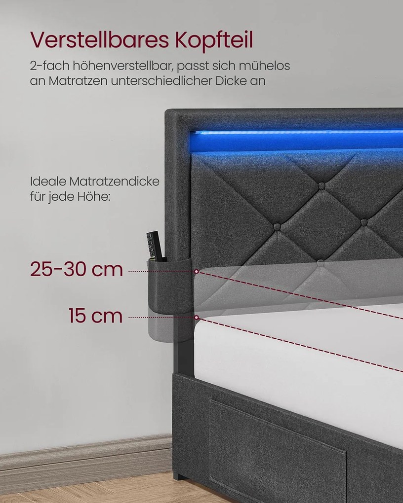 Estrutura de cama de casal para colchão de 140 x 200 cm com cabeceira cinza