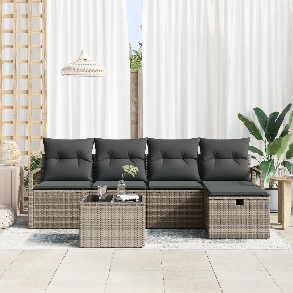 Conjunto de Sofá para Jardim de 6 Peças com Almofadas Cinza Rattan Pol