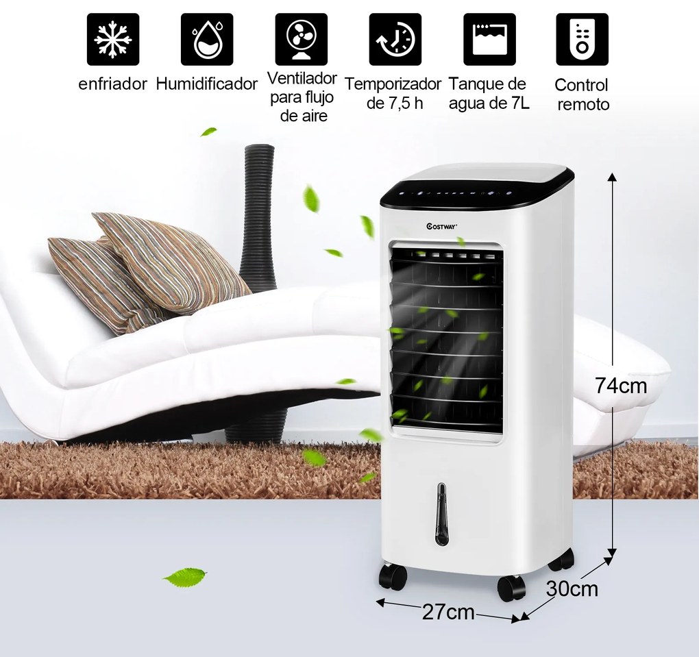 Refrigerador de ar Portátil Ventilador Humidificador Filtro 4 em 1 com Controlo Remoto Rodas para Casa Escritório  30 x 27 x 74 cm Branco