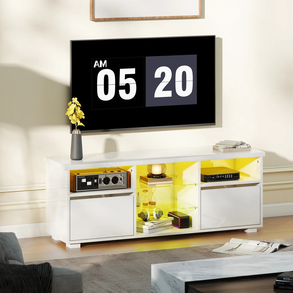 Móvel de TV 120 x 34 x 45 cm, móvel para televisores até 55 polegadas, com iluminação LED e comando à distância, prateleiras em vidro branco