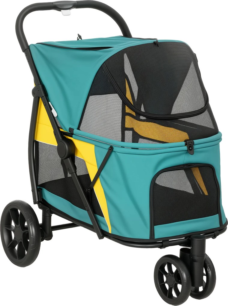 PawHut Carrinho para Cães Dobrável até 20kg com Almofada Janelas em Rede Bolso Traseiro 92x63x95 cm Verde Escuro | Aosom Portugal