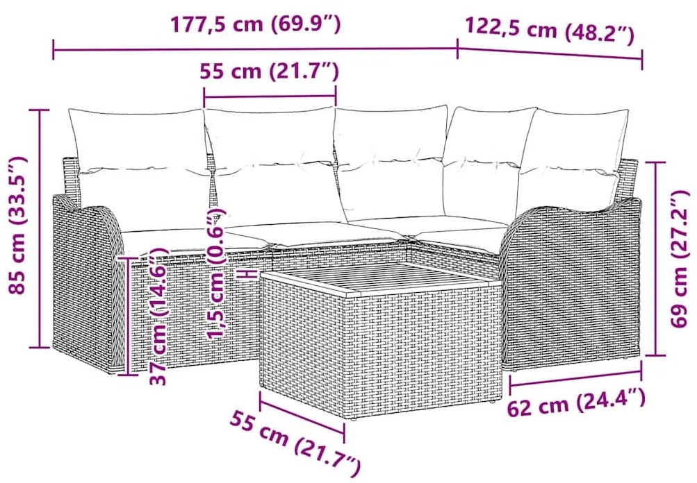 Conjunto de Sofá de Jardim 5 Peças com Almofadas em Bege, Rattan e Acá