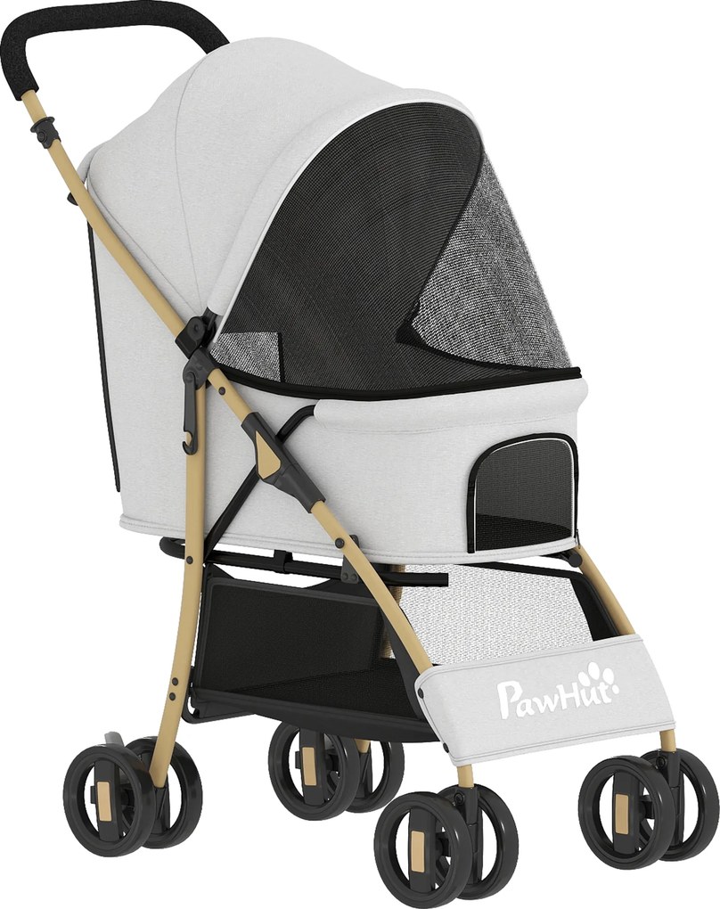 PawHut Carrinho para Animais de Estimação com Capota Ajustável e Cesta de Armazenamento 80x44,5x97 cm Cinzento Claro | Aosom Portugal