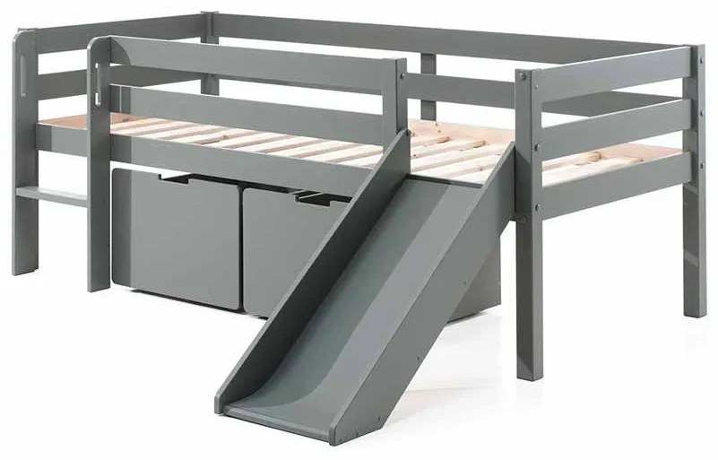 Conjunto Cama alta de Criança PINO 90 x 200 cm + estrado + escada + escorrega + conjunto de 2 gavetas Cinzenta