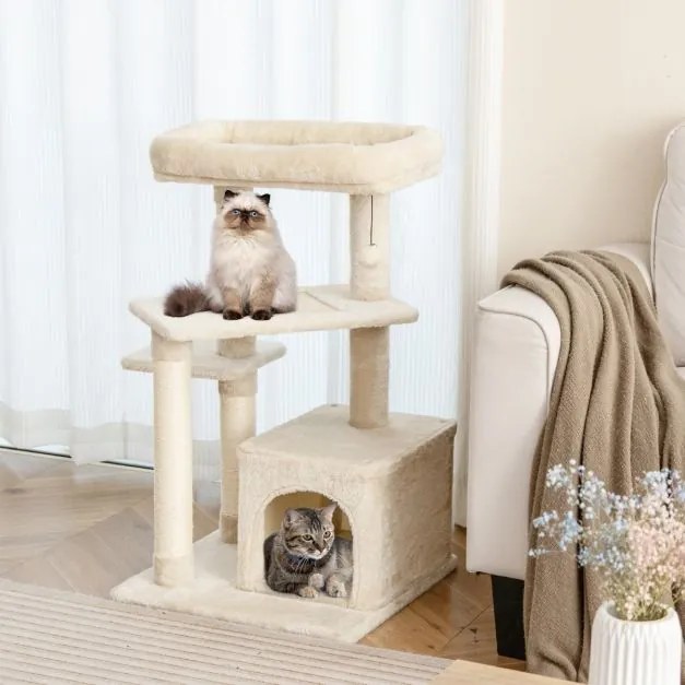Arranhador para gatos de 4 níveis com postes para arranhar Plataforma superior em felpa 63 x 56,5 x 85 cm Bege