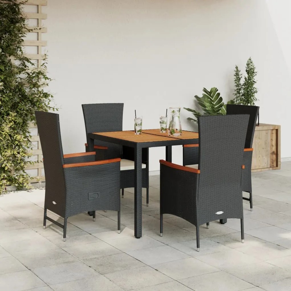 vidaXL 5 pcs conjunto de jantar p/ jardim c/ almofadões vime PE preto