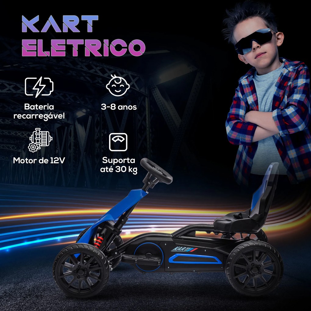 Kart Elétrico para Crianças Kart a Bateria 12V Velocidade Ajustável 3-5 km/h e Cinto de Segurança 100x58x58,5 cm Azul