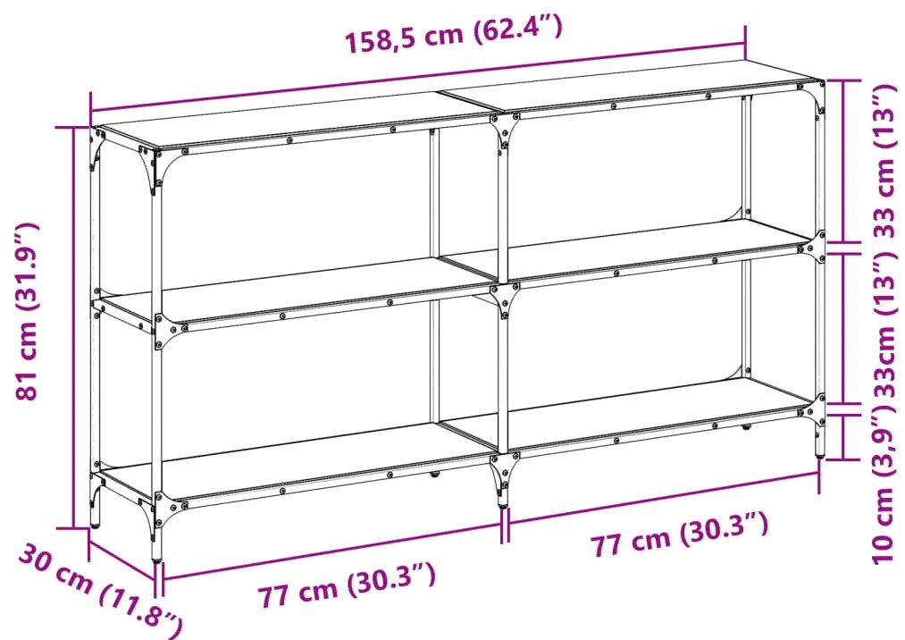 Mesa consola com tampo em vidro transparente 158,5x30x81 cm aço