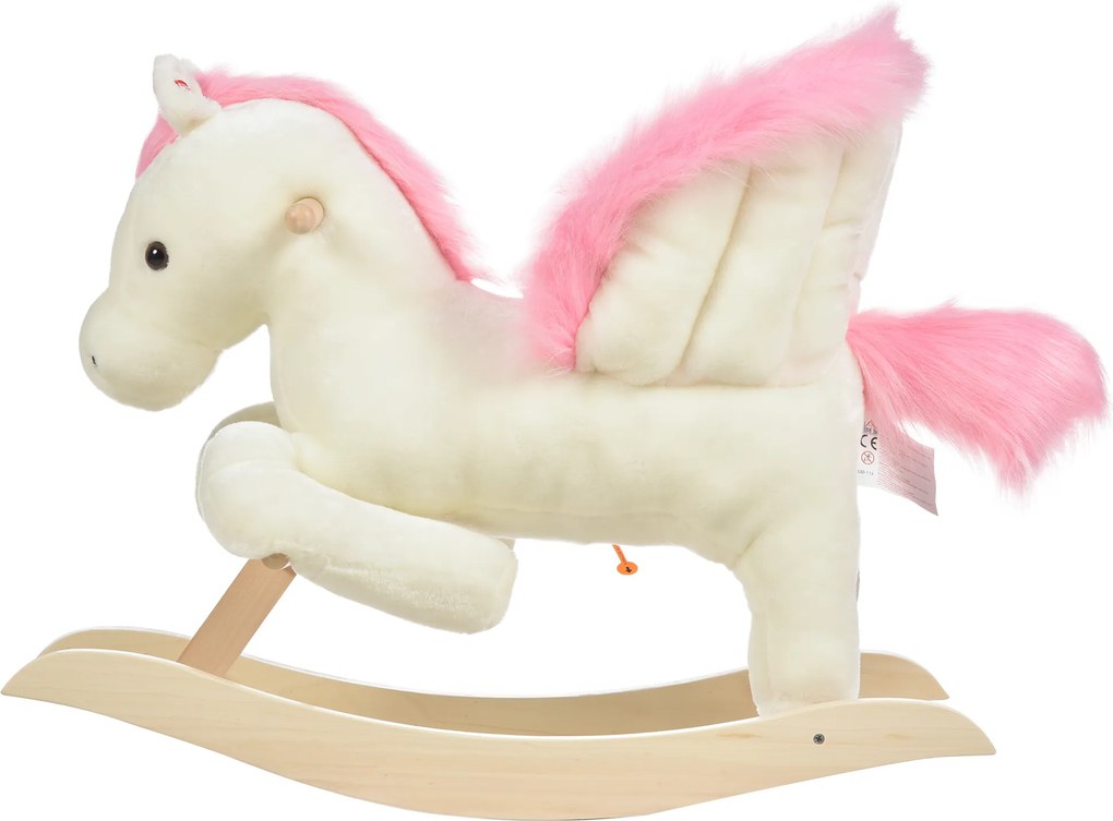 Cavalo de baloiço com função musical, sela de grande conforto, pelúcia curta e macia para crianças dos 18 aos 36 meses, em madeira de álamo, branco e